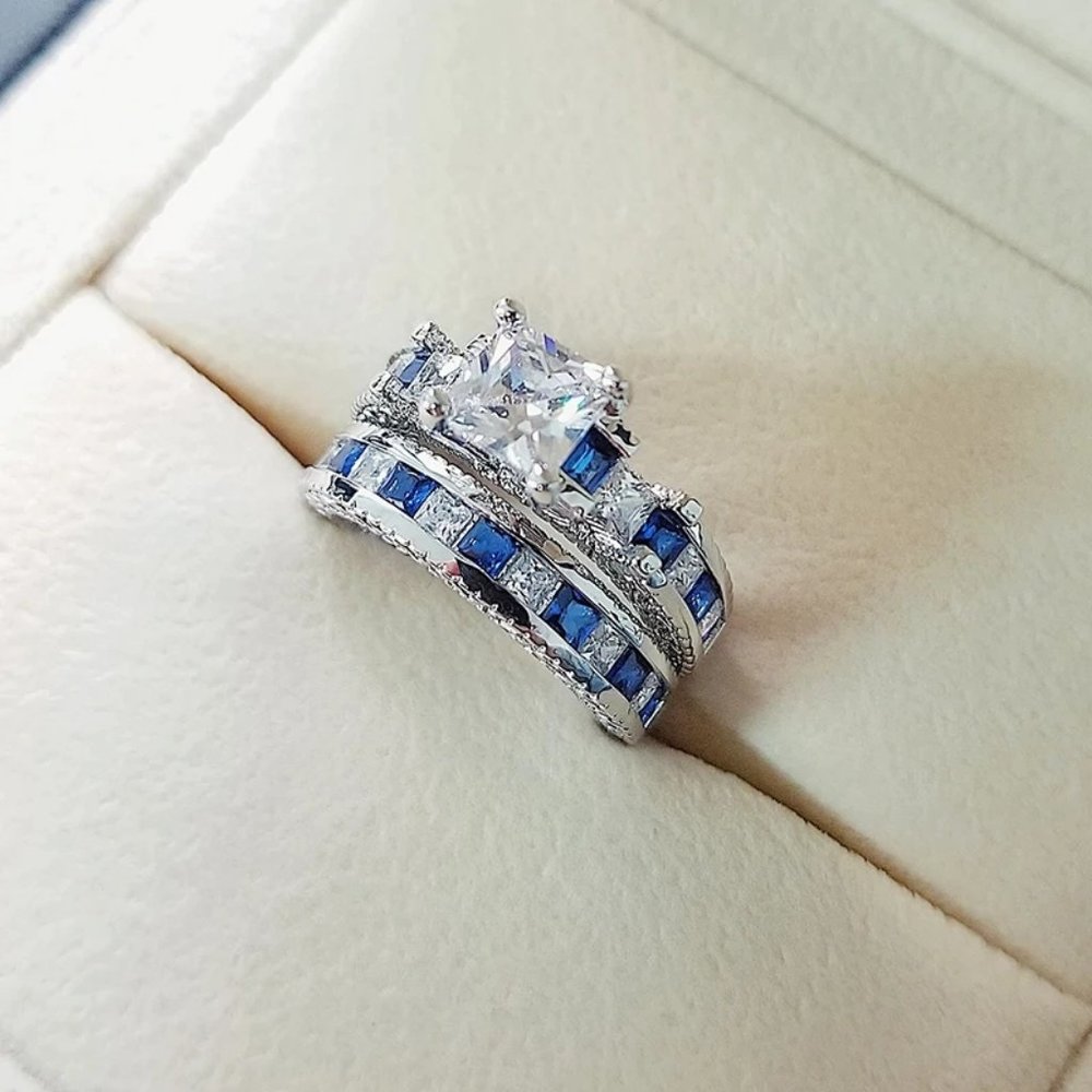 NEW 925 Sterling Silver Princess Cut Sapphire Ring - Picture 8 of 13